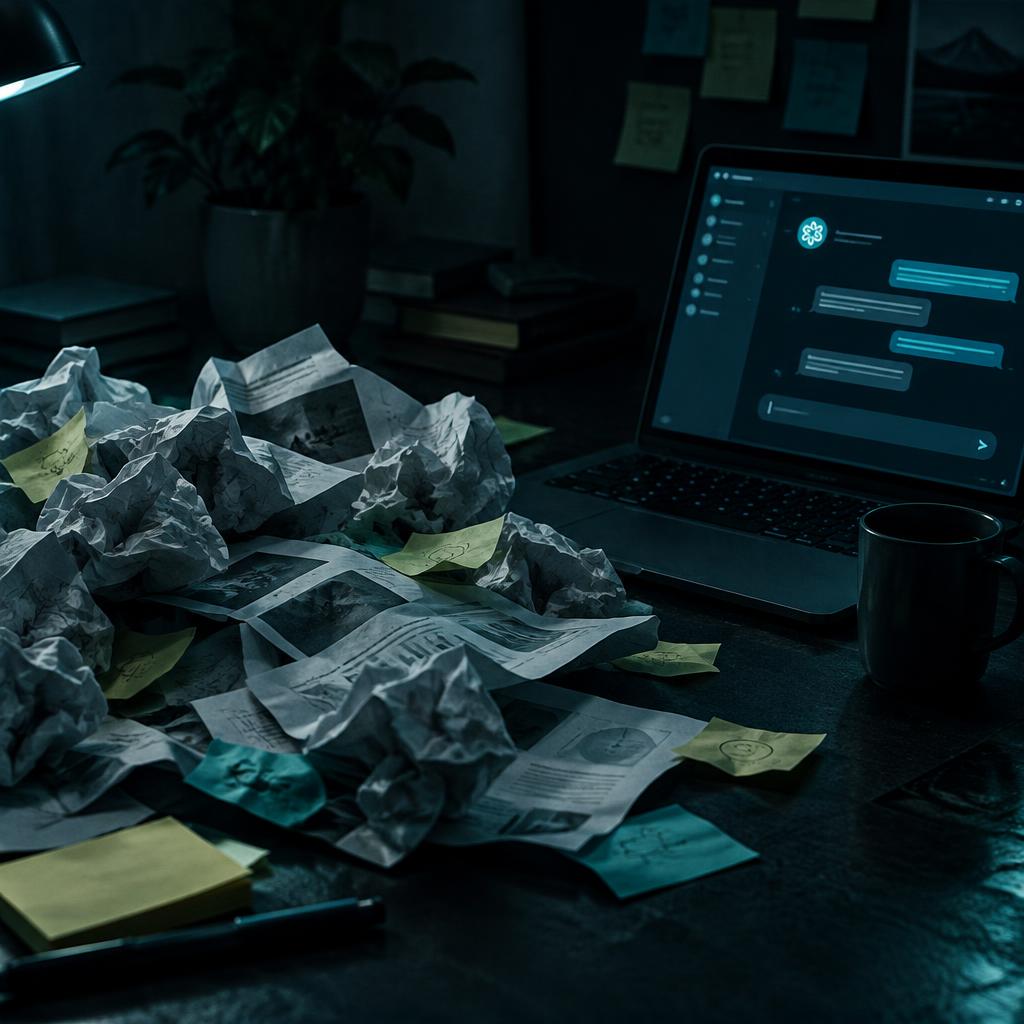 A pile of saved prompts and notes next to a chatbot window